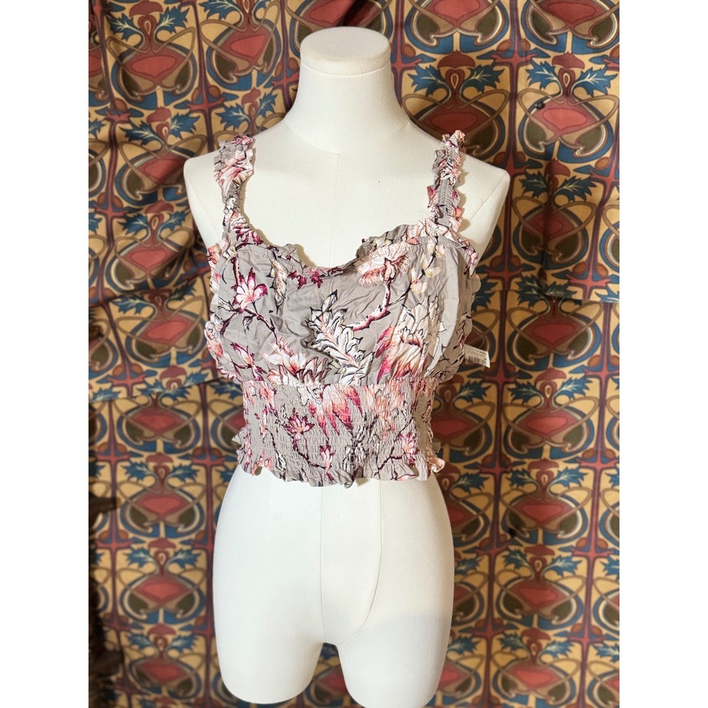 Angie Floral Crop Top Smocked Ruffle Gray Pink Sleeveless Blouse XL